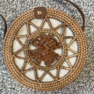 Round Rattan Crossbody Bag Beachy Boho Brown Tan Leather Festival Artsy Beach